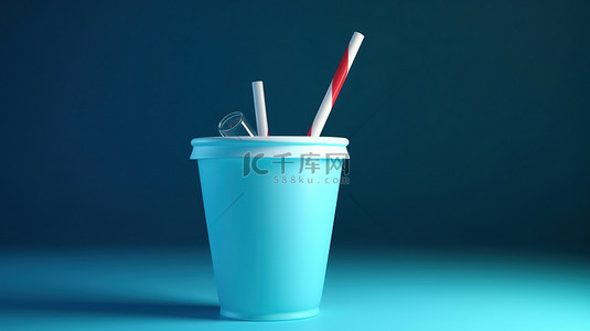 玻璃风格背景图片_在蓝色背景上啜饮风格 3D 吸管饮料图标