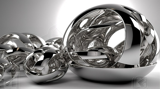 金属球体和扭曲形状，使用反光材料和装饰性镀铬雕塑进行 3D 渲染