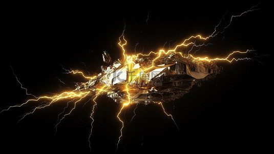 43雷电背景图片_黑色背景上金色闪电的 3D 渲染全景