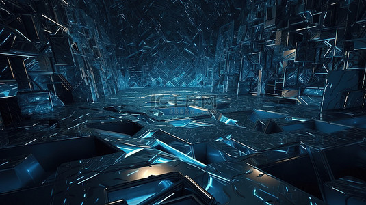 华丽的 3D 渲染令人着迷的科幻插图与抽象蓝色几何背景