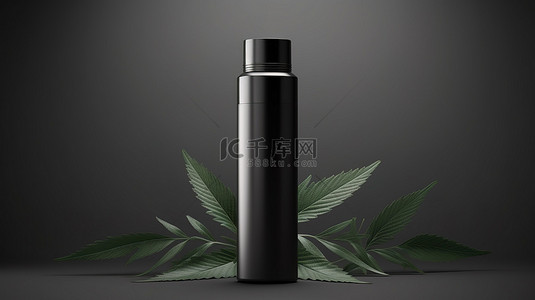 卫生用品背景图片_带有白色空白标签和绿叶装饰的大 vape 血清化妆品黑瓶的 3D 插图