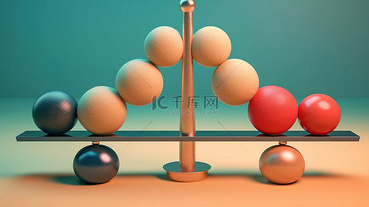 跷跷板上两个相同球体处于平衡状态的 3D 插图