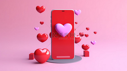 手和心背景图片_在线约会应用程序概念 3D 渲染手机，带有心形符号和聊天气泡