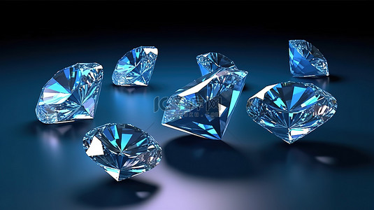 排列在蓝色背景 3D 渲染上的钻石簇
