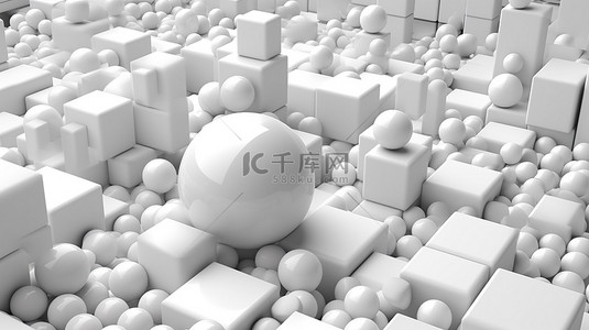 抽象背景中光滑白色立方体和球体的 3D 渲染