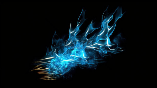 光线反射背景图片_黑色背景下闪电状蓝色火焰的 3D 插图