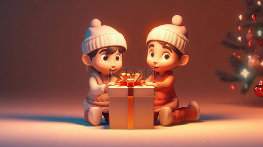 红色背景插画背景图片_孩子们在 3D 动画中庆祝圣诞节