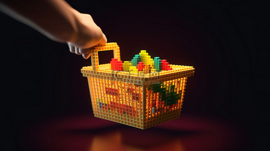 像素化购物篮上的 3D 渲染手形光标