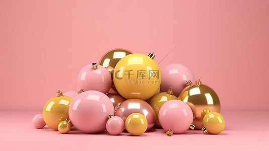 黄色背景 3D 渲染上粉红色圣诞球的简约概念化