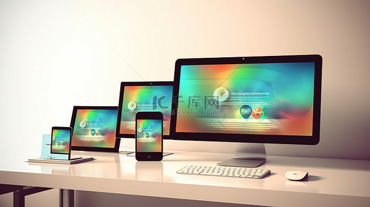 样机网页背景图片_显示在电脑平板电脑和智能手机屏幕上的响应式在线营销网站的 3D 渲染