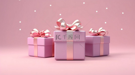 3D 礼品盒，在粉红色背景上用丝带蝴蝶结绑着，非常适合圣诞节或生日3D 渲染