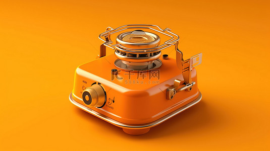 充满活力的橙色背景下单色野营燃气灶的 3D 渲染