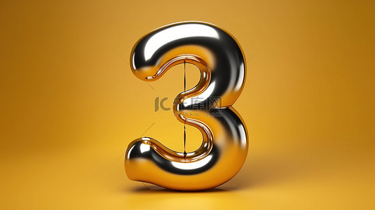 高级 3D 插图逼真氦气球字体，采用金色金属数字 3 设计