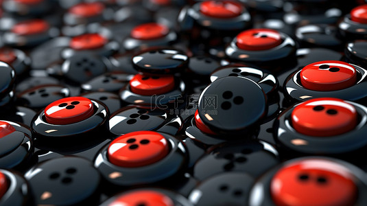黑色缝纫按钮的背景，带有一个红色按钮 3D 渲染的特写