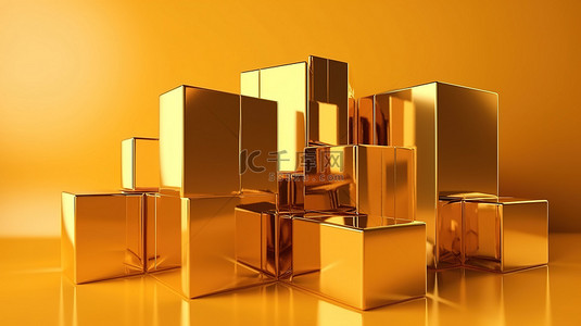 黄色背景上 3D 渲染中的金色矩形抽象