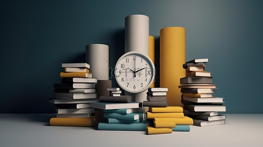 3d 渲染中时钟和书籍的极简主义插图
