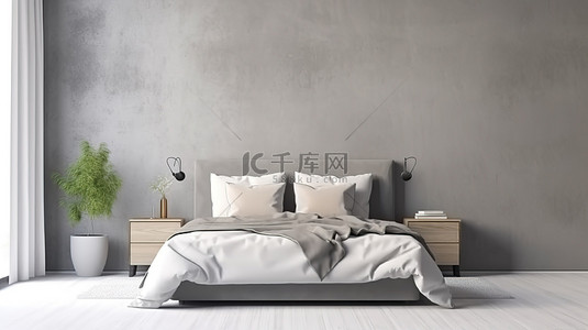 斯堪的纳维亚风格的简约卧室模型，墙壁背景上有灰色床 3D 渲染