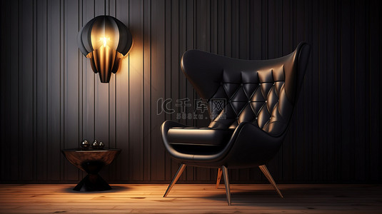别致优雅背景图片_优雅的黑色设计师椅子，配有豪华皮革和紧邻 3D 渲染的别致落地灯