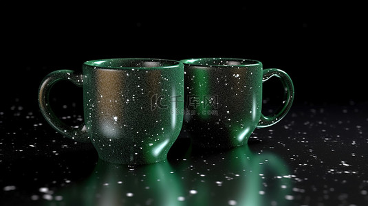 金属绿色过滤器和浓缩咖啡杯的特写镜头，3D 渲染中黑色背景上有薄片