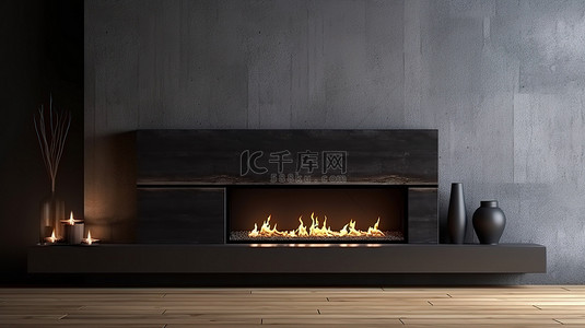 家具设计背景图片_光滑的黑色壁炉和具有照明效果的混凝土墙令人惊叹的家具设计理念