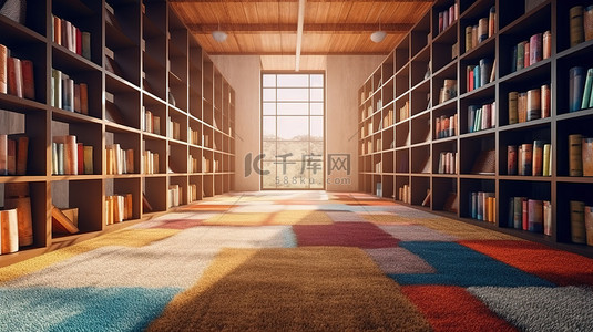 现代图书馆当代木制书柜和深场效应地毯设计的 3D 渲染