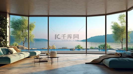 海滨生活背景图片_玻璃墙客厅俯瞰宁静的海滨景观 3D 渲染