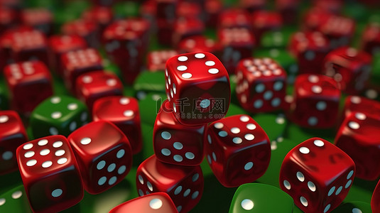 红色财富背景图片_用红色骰子关闭绿色表面的 3D 渲染