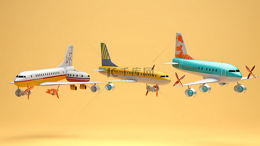 3D 渲染图像中伴随卡通飞机的旅行横幅