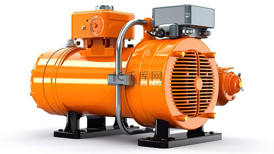 下水道疏通器背景图片_白色背景下水平橙色空气压缩机的孤立 3D 插图