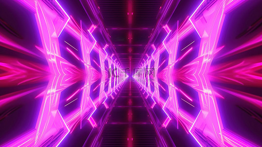 充满活力的粉红色霓虹灯照亮万花筒 3D 艺术品中的抽象十字形隧道
