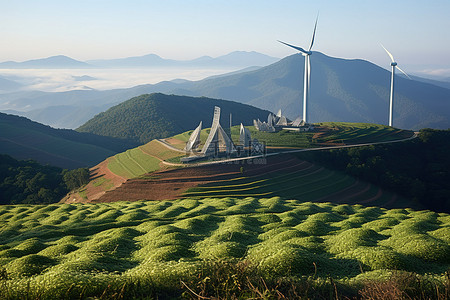 山景青山上的韩国风力涡轮机