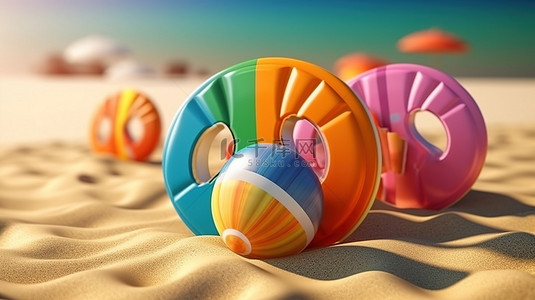 夏季贝壳背景图片_夏季海滩乐趣的 3D 插图，配有充气玩具贝壳人字拖和沙滩球