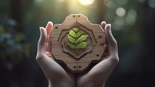拥抱新背景图片_绿叶中拥抱木质生物标志的机器人的 3D 渲染