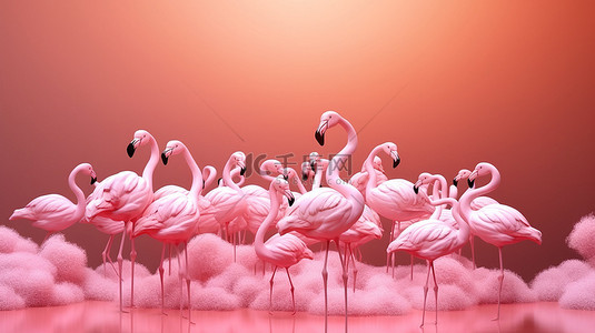 粉红色背景下粉红色火烈鸟的 3D 渲染