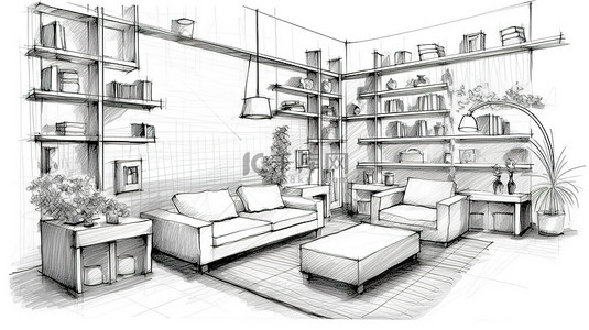 当代客厅墙单元手绘草图和 3D 效果图