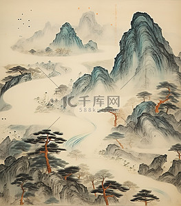 一幅亚洲绘画，背后有树木和山脉