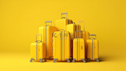 孤立的黄色手推车手提箱组合在一起，描绘旅行物品和旅行癖概念的插图