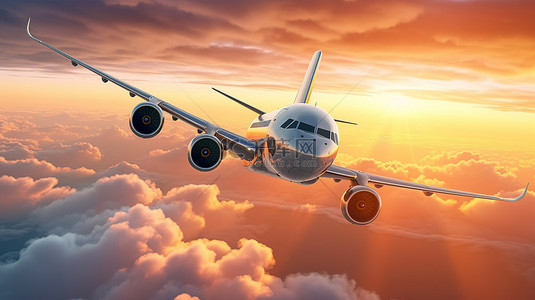 飞机出差背景图片_令人惊叹的 3D 插图，展示一架商用飞机在迷人的日落天空上空翱翔