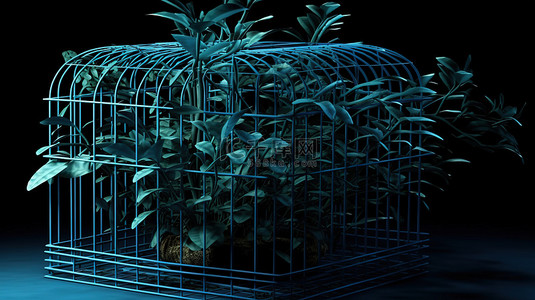 封闭在蓝色笼子中的植物的数字描绘