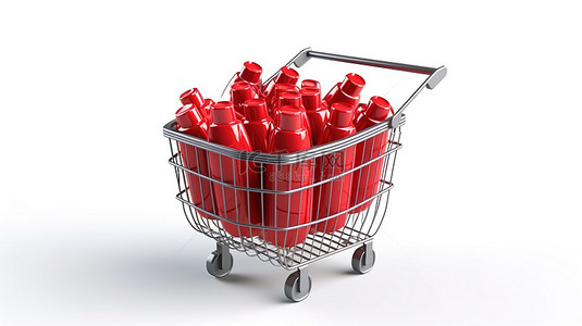 购物篮子背景图片_白色背景上的航空炸弹和红色篮子的孤立 3D 插图