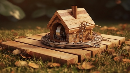 房屋安全背景图片_熊陷阱木庄园房地产建筑概念的 3D 渲染