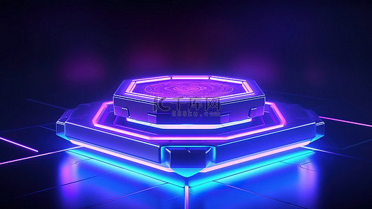介绍的背景图片_具有六边形蓝色设计和醒目的紫色霓虹灯的科幻基座的 3D 渲染，用于产品展示柜