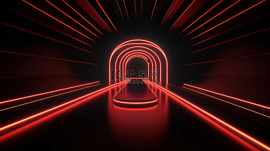具有几何线条和黑色讲台的抽象红色霓虹灯发光隧道