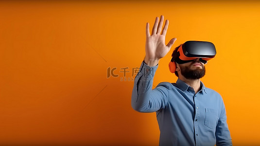 戴着虚拟现实眼镜和橙色头盔的建筑师用手势进行演示