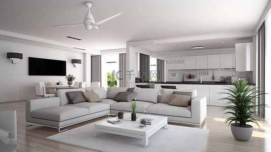 现代 3D 渲染展示了开放式概念客厅，配有白色家具和现代厨房