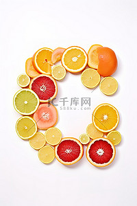 白色字母 c 中的柑橘类水果