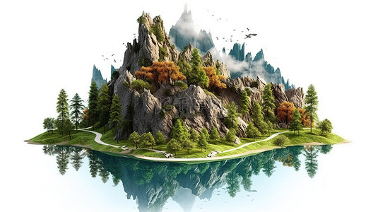 白色背景上漂浮的山峰和树木的异想天开的岛屿绿洲 3D 插图