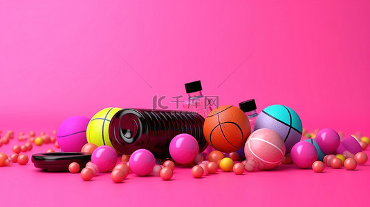 青春活力片头背景图片_充满活力的粉红色背景 3D 渲染上的无数健身必需品，包括哑铃羽毛球拍水瓶和呼拉圈，中间有一系列彩色球