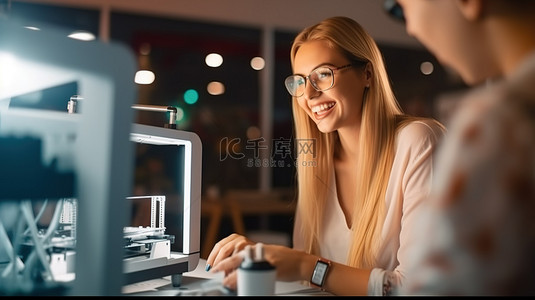 浅黑肤色的女人背景图片_态度积极的快乐女设计师微笑着设置 3D 打印机