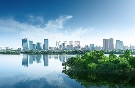 蓝色背景板背景图片_一个以树木和水为背景的城市